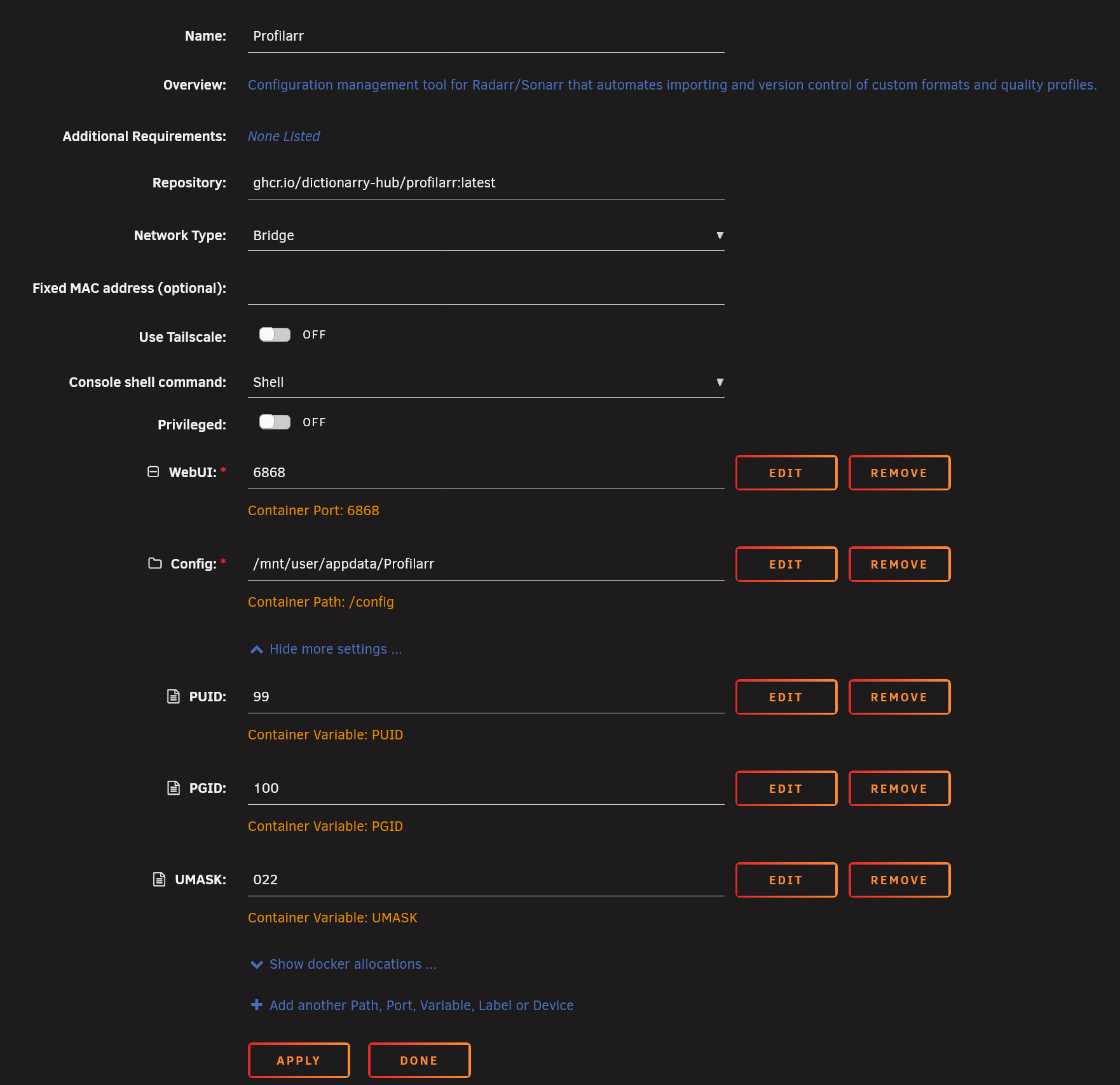 The Profilarr container settings in Unraid, with more settings shown